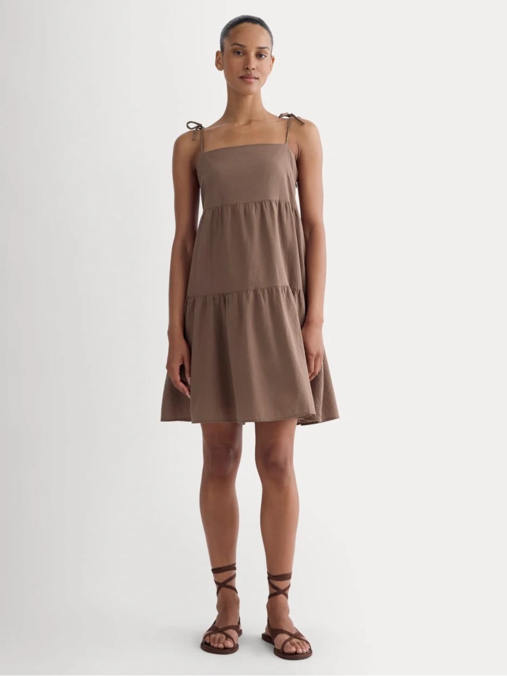 Everlane Brown Tie-Shoulder Tiered Mini Dress